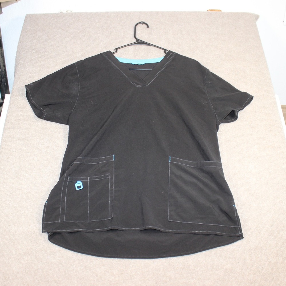 Carhartt Force Black V-Neck Scrub Top Women Large Blue Trim Short Sleeve Pockets